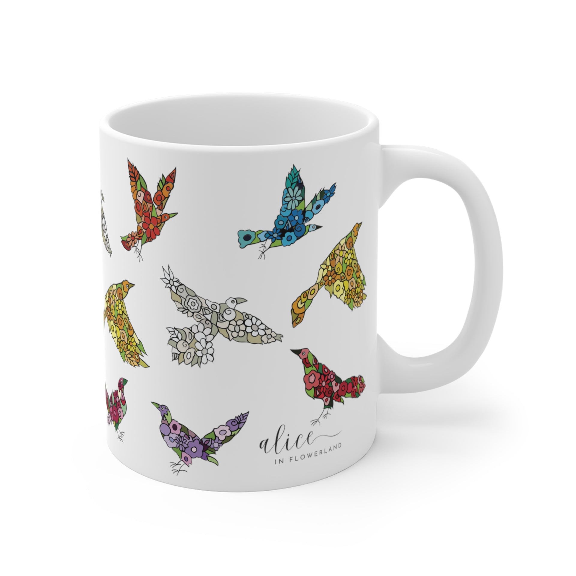 15 oz coffee mugs nature floral birds Flock of floral birds