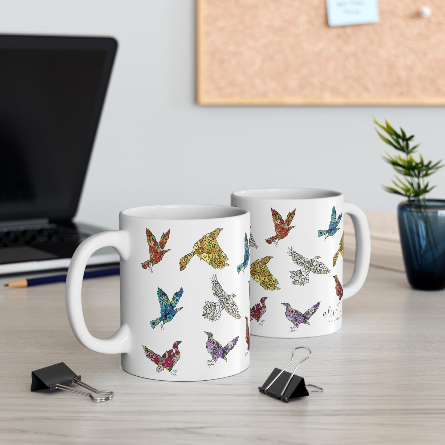 Flock of floral birds - Floral Ceramic Mug 11oz