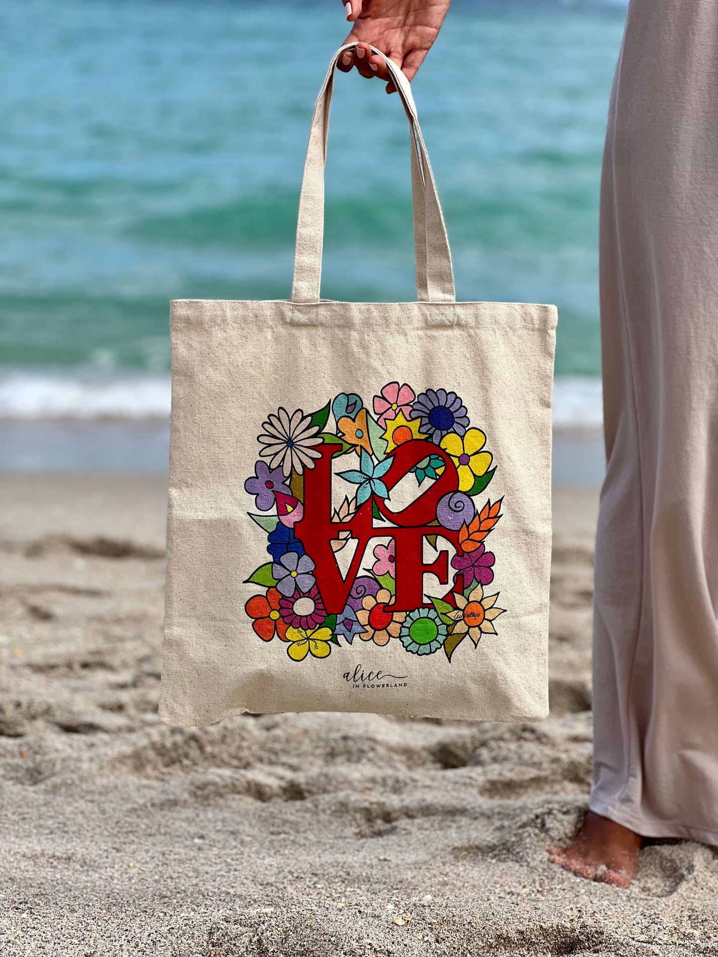 Love Tote Bag "Flowers in Love"  - Cotton Canvas Tote Bag