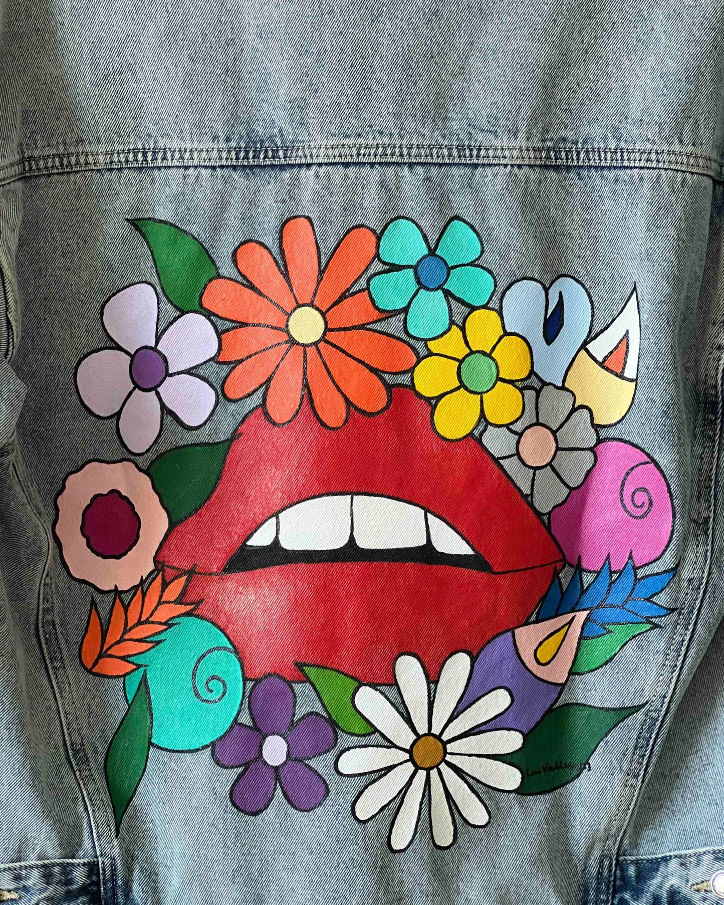 Lips in Spring I (Size M Oversized) Floral Denim Jacket