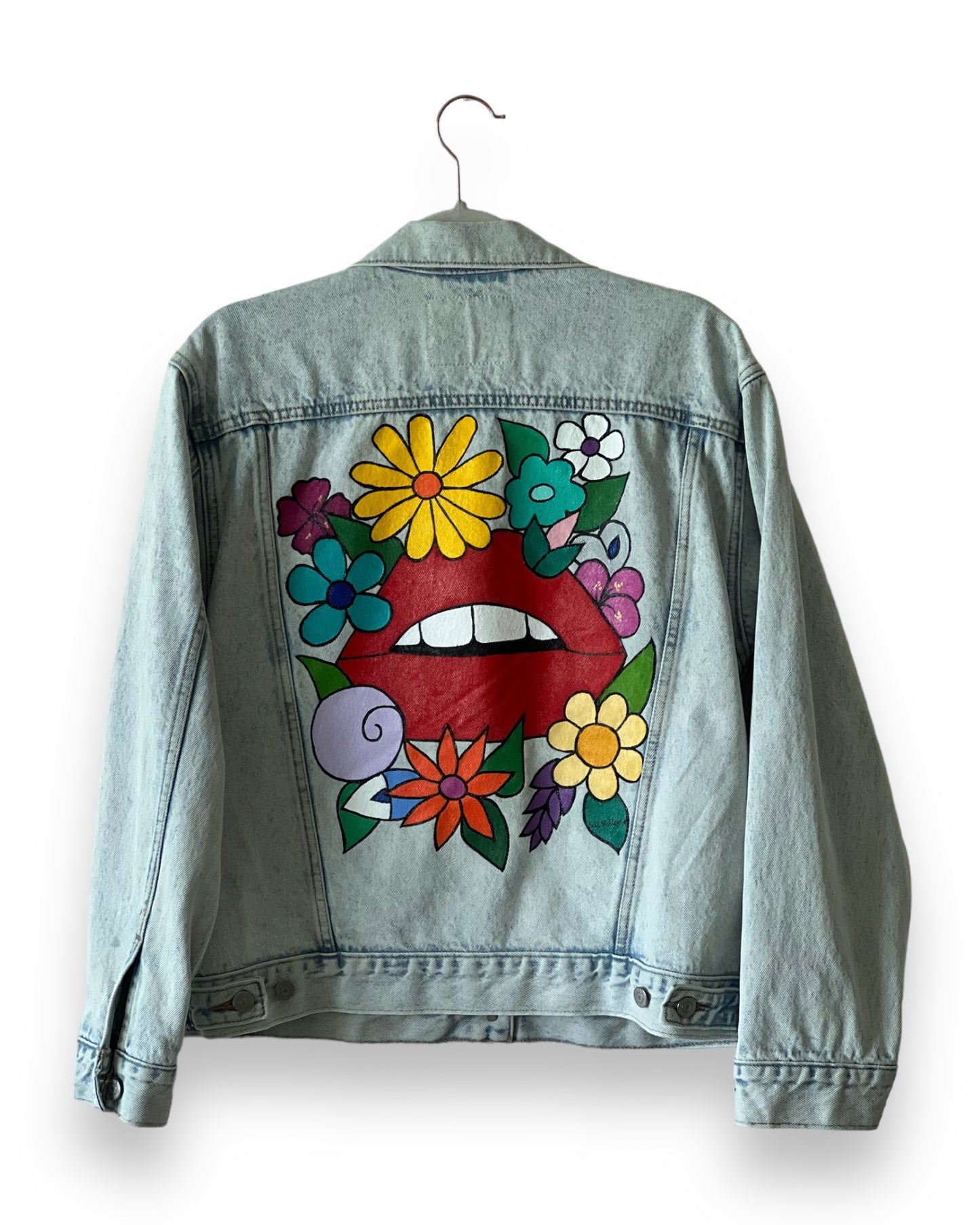 Lips in Spring II (Size L) Floral Denim Jacket