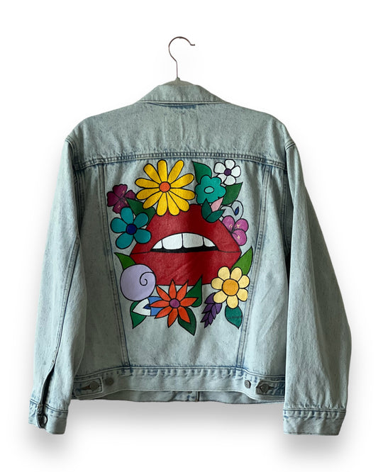 Lips in Spring II (Size L) Floral Denim Jacket