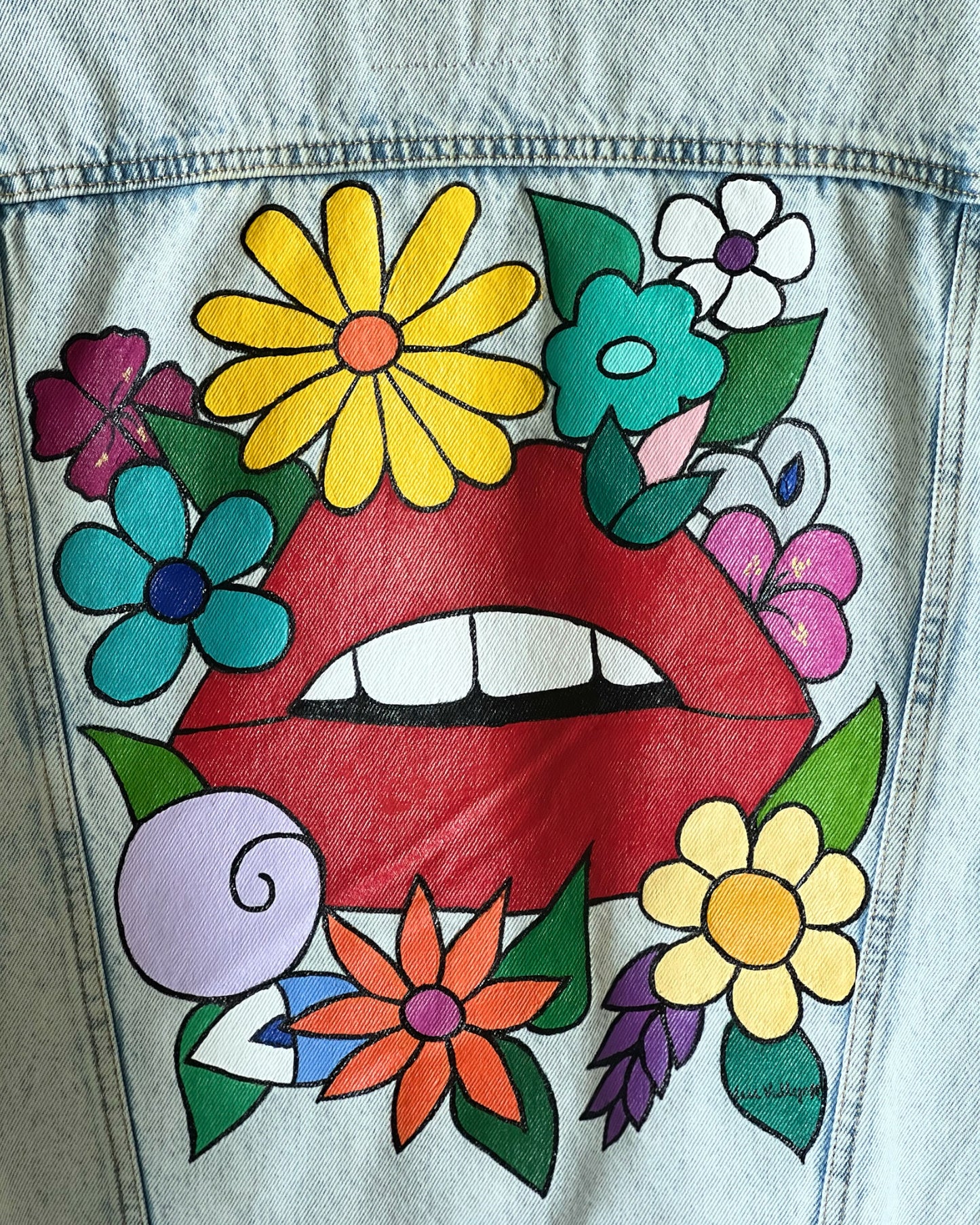 Lips in Spring II (Size L) Floral Denim Jacket