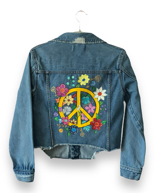 Peace and Flowers I (Size S) Floral Denim Jacket