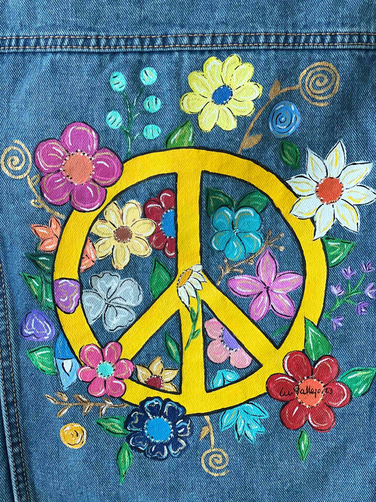 Peace and Flowers I (Size S) Floral Denim Jacket