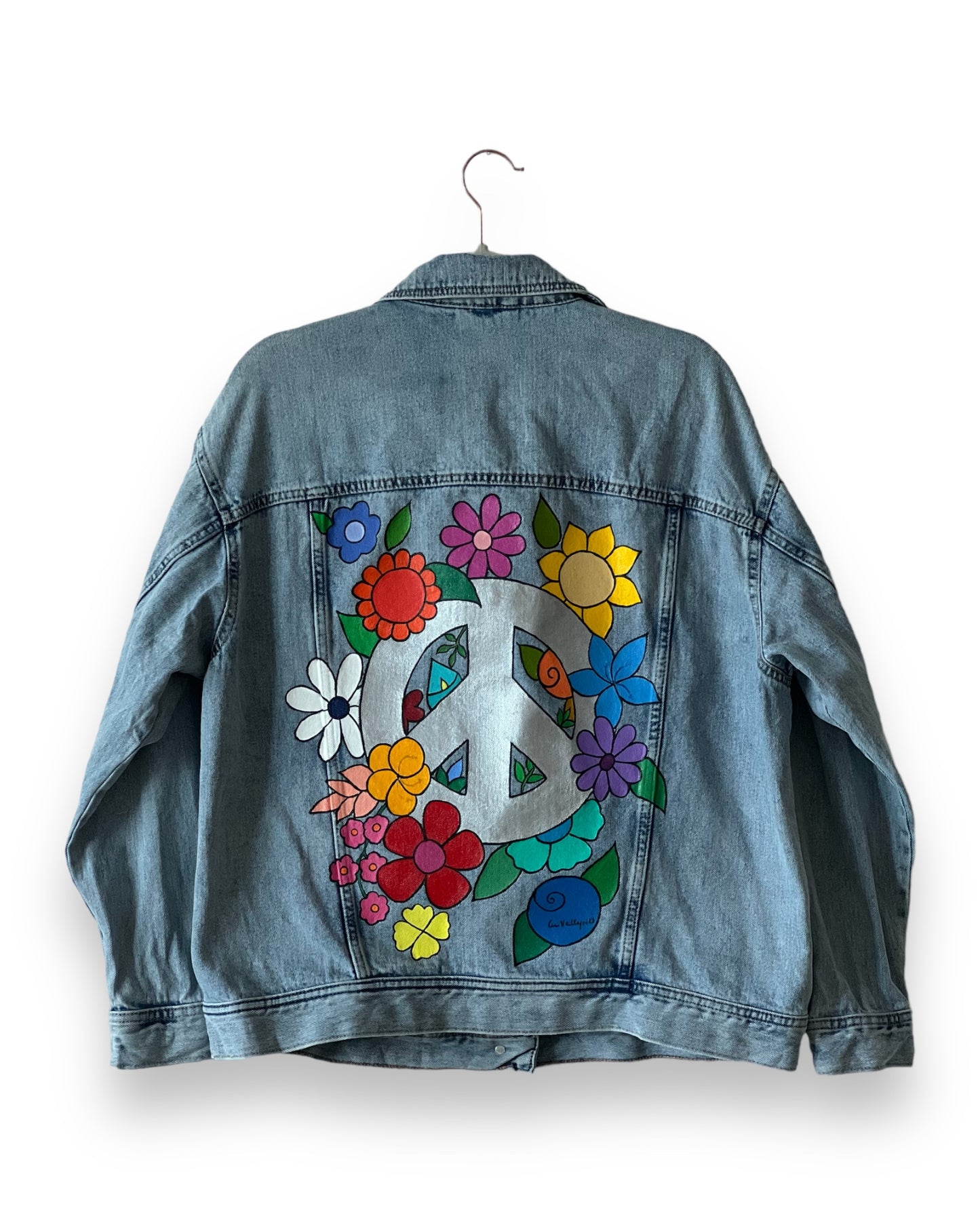 Peace and Flowers II (Size L) Floral Denim Jacket