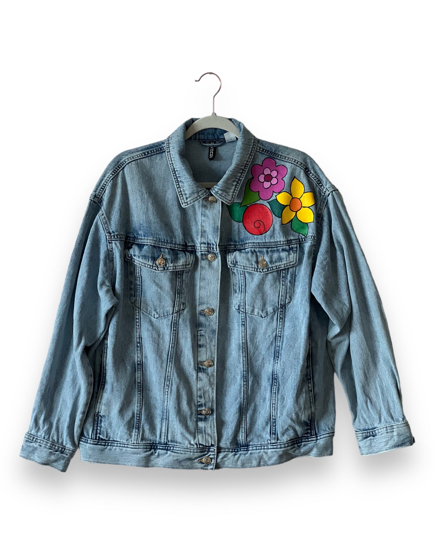 Peace and Flowers II (Size L) Floral Denim Jacket