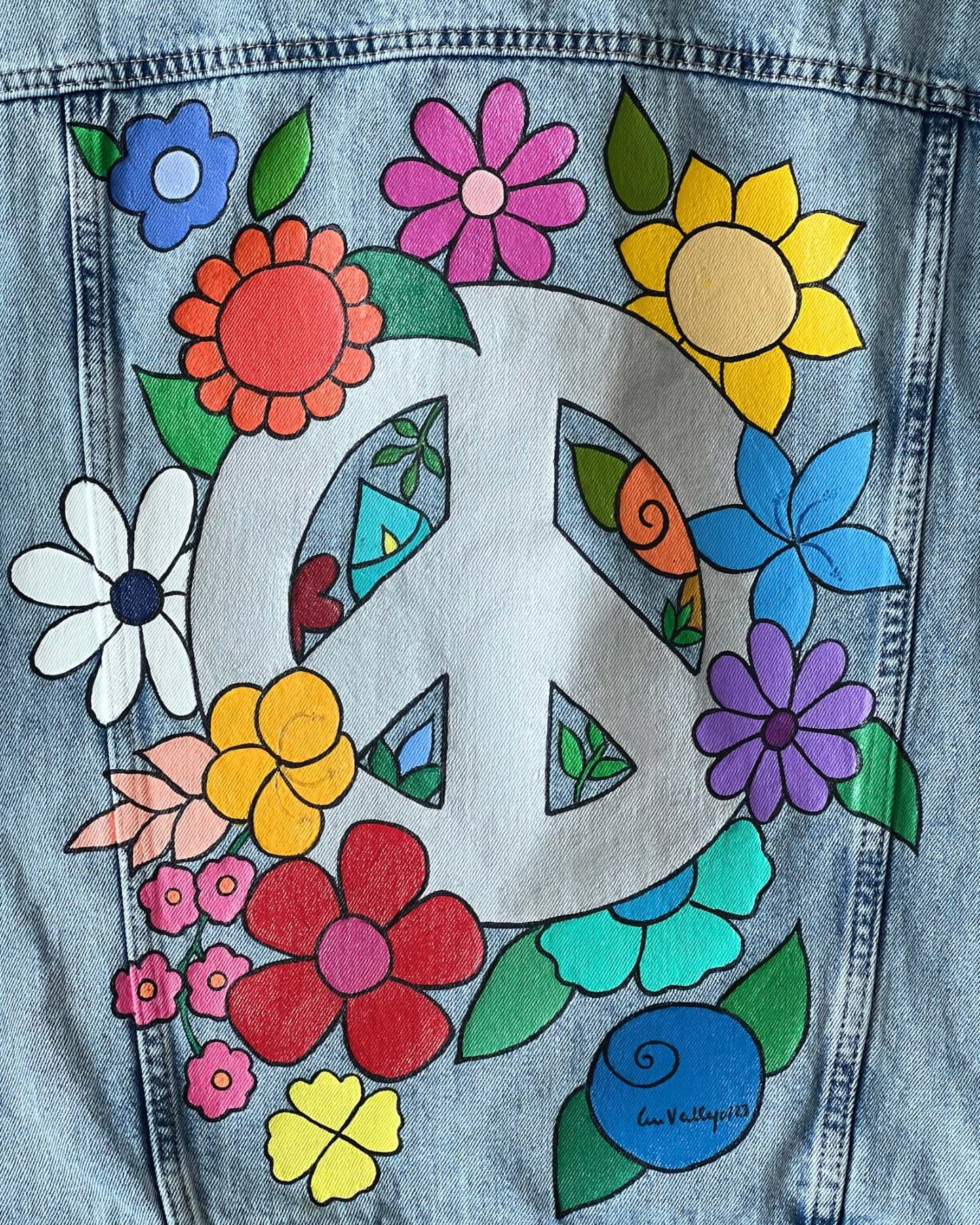 Peace and Flowers II (Size L) Floral Denim Jacket