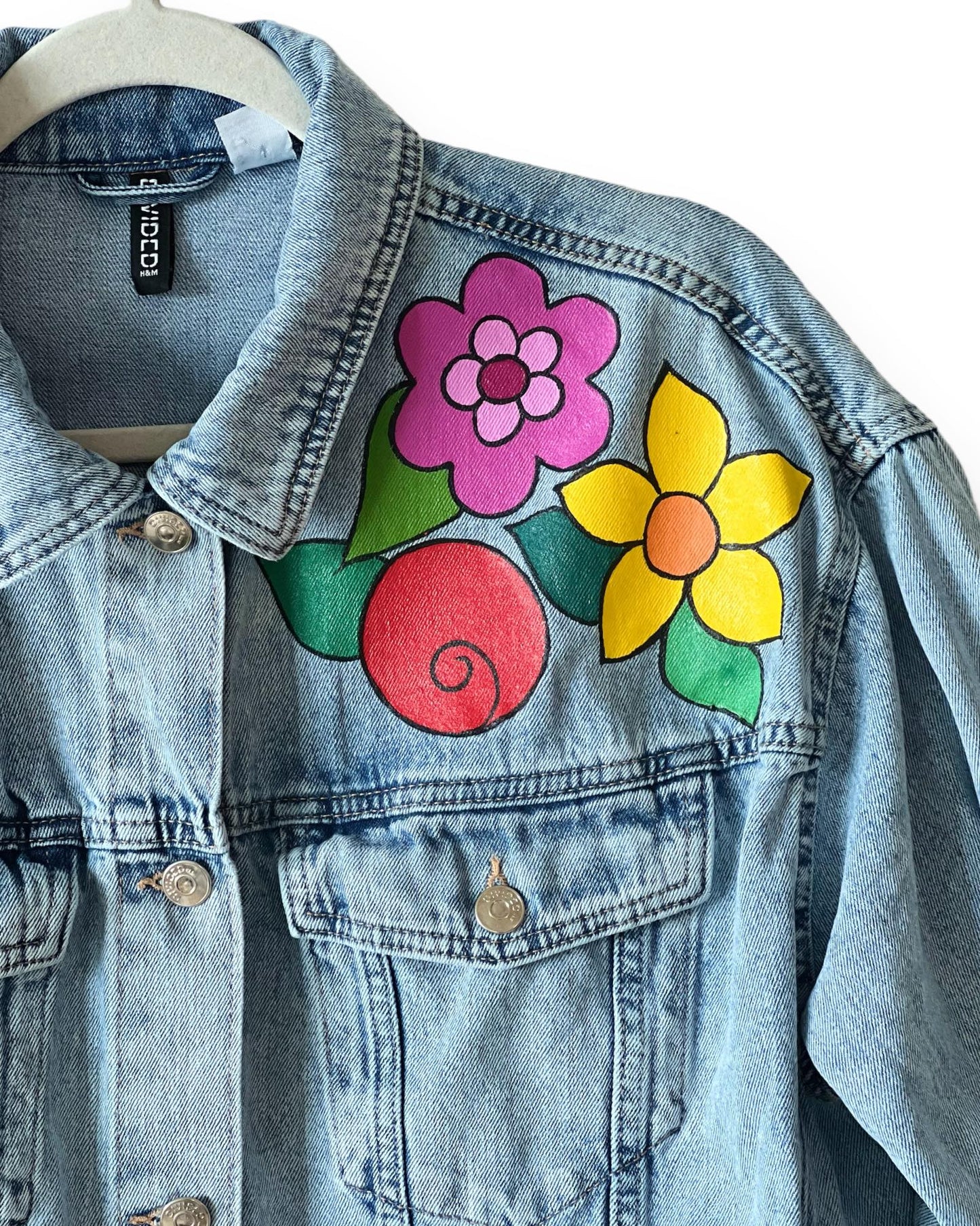 Peace and Flowers II (Size L) Floral Denim Jacket