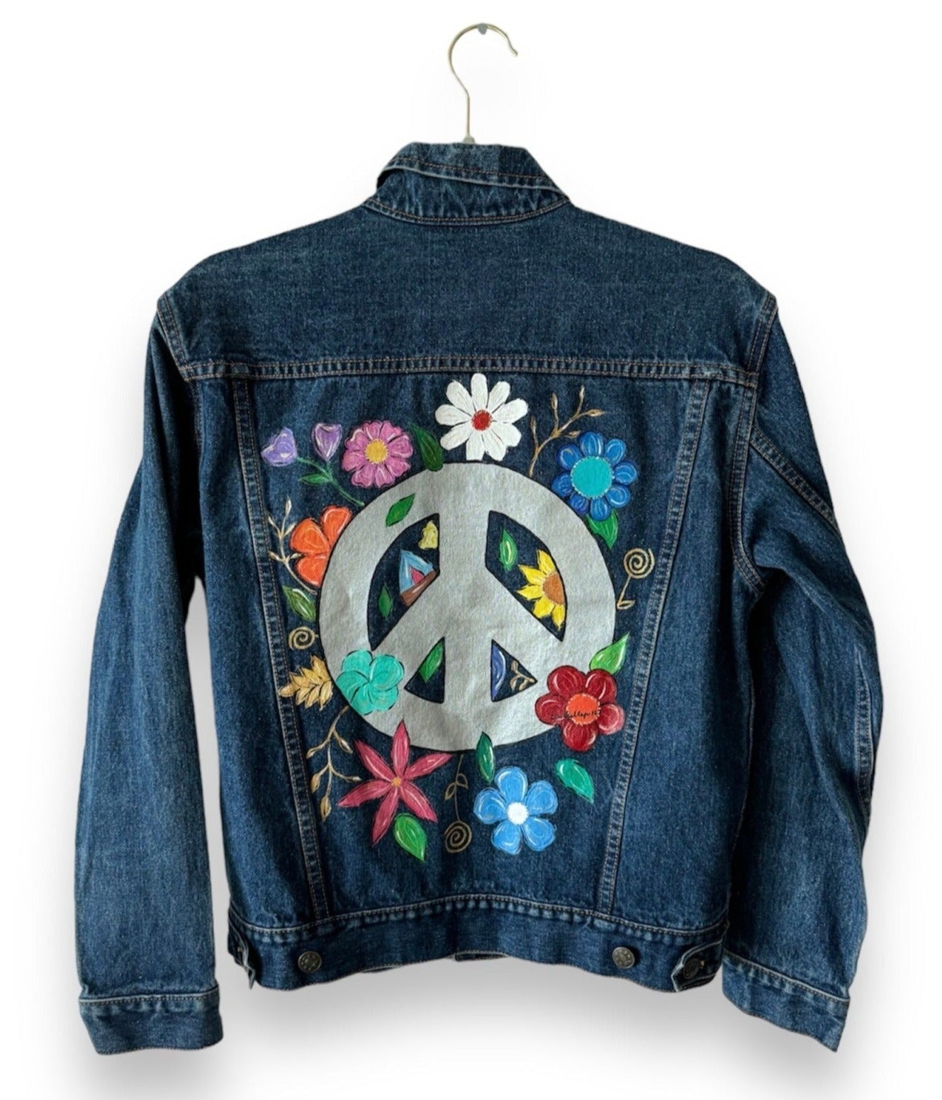 Peace and Flowers III (Size M) Floral Denim Jacket