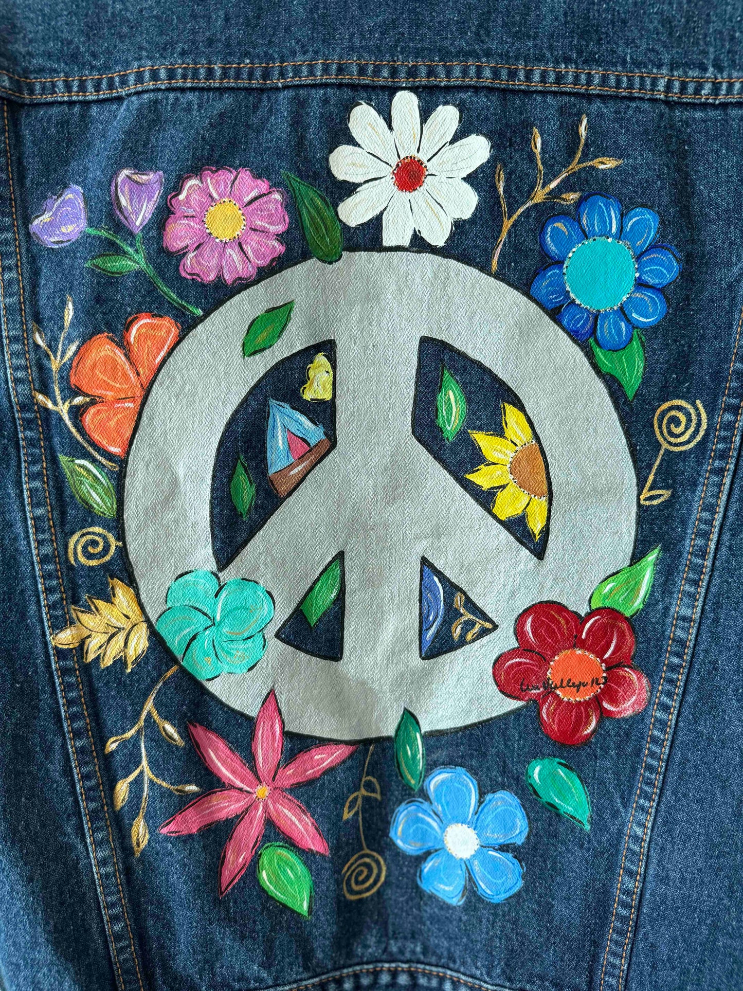 Peace and Flowers III (Size M) Floral Denim Jacket